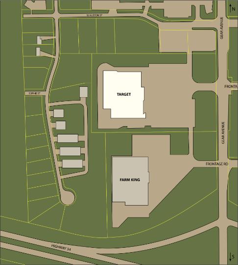 artist rendition Westfield Estates green with tan driveways with off white buildings